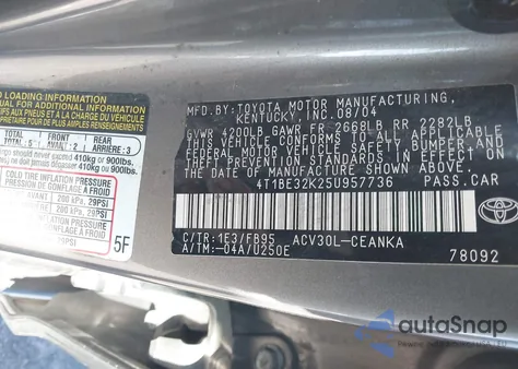 2005 Toyota Camry Le из США, поврежденный, VIN 4T1BE32K25U957736